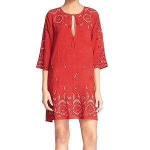Alice + Olivia Women’s Morgana Shift Mini Dress 3/4 Sleeve Eyelet Floral Red S